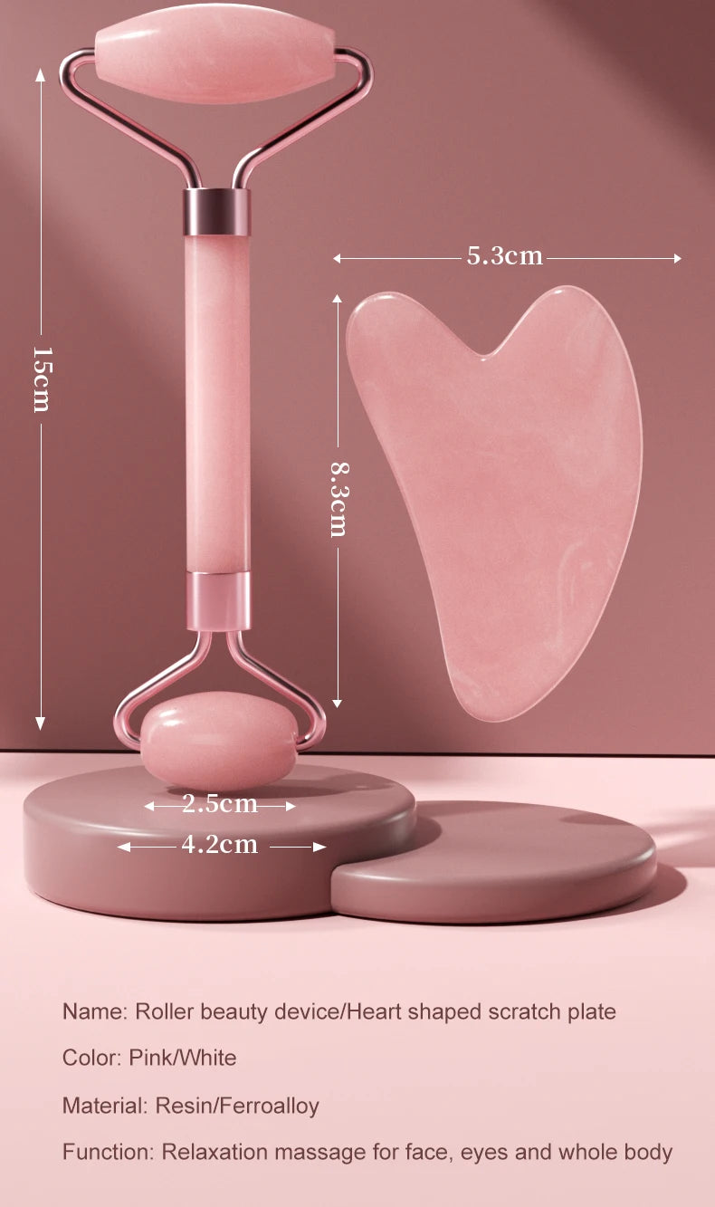 Rose Quartz Face Roller & Gua Sha Set – Facial Massage Tool for Eyes, Neck & Skincare Lifting.