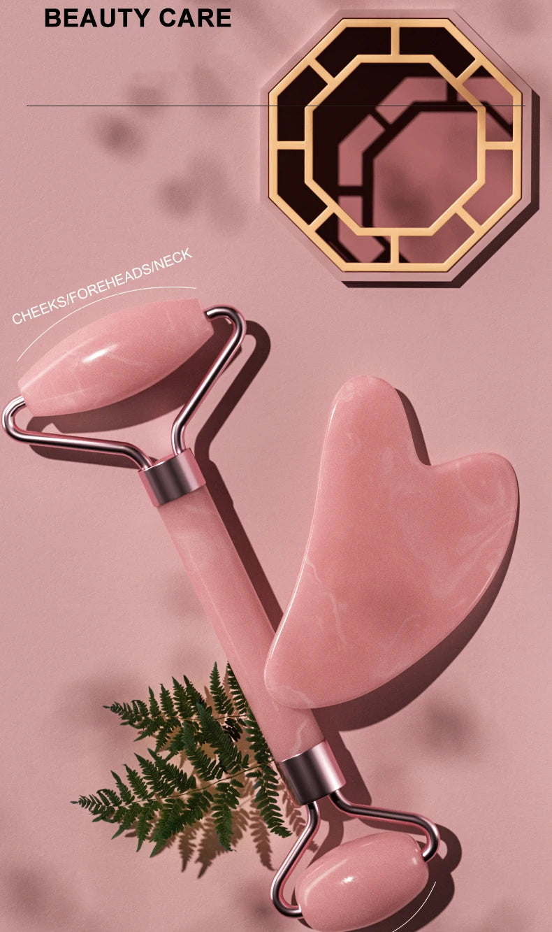 Rose Quartz Face Roller & Gua Sha Set – Facial Massage Tool for Eyes, Neck & Skincare Lifting.