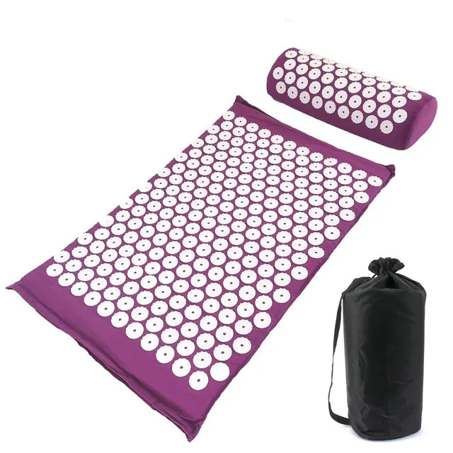 Acupressure Yoga Mat & Pillow Set for Back, Neck & Foot Pain Relief – Purple Massage Pad with Travel Bag.
