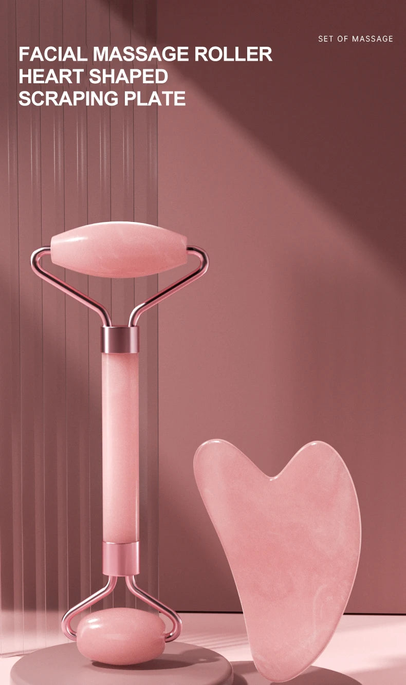 Rose Quartz Face Roller & Gua Sha Set – Facial Massage Tool for Eyes, Neck & Skincare Lifting.