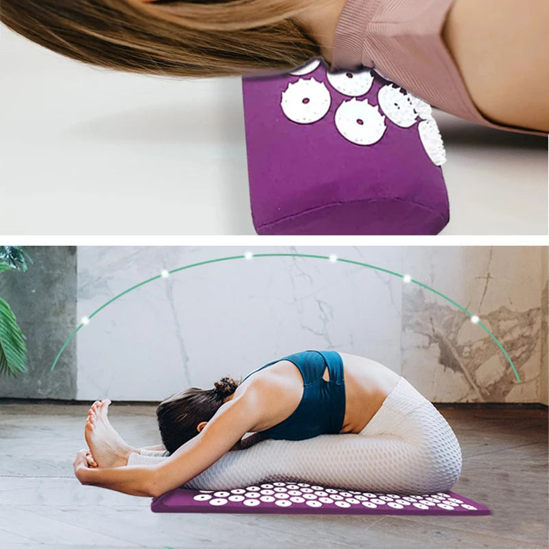 Acupressure Yoga Mat & Pillow Set for Back, Neck & Foot Pain Relief – Purple Massage Pad with Travel Bag.