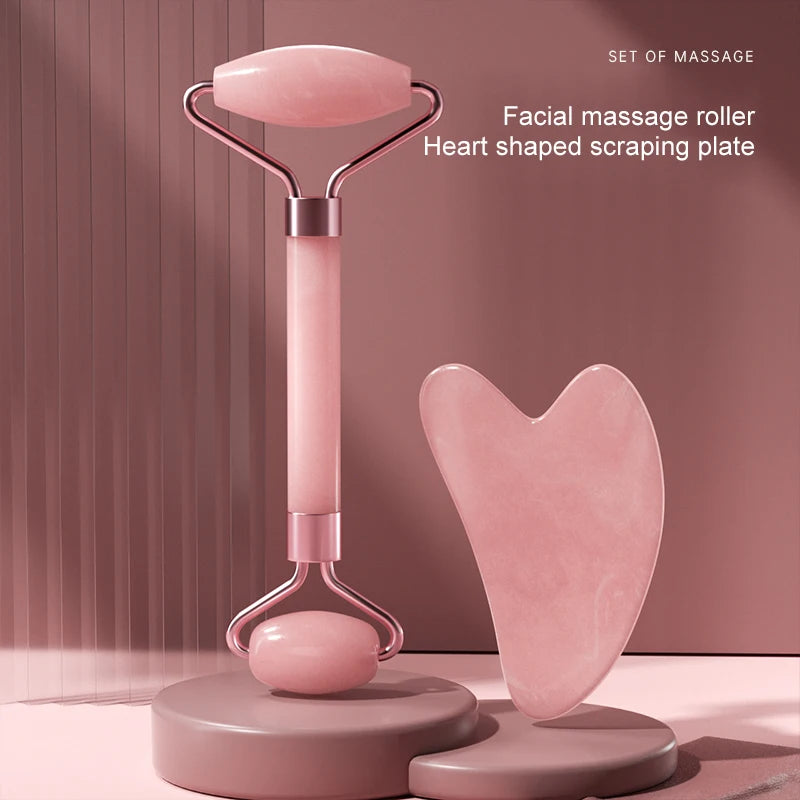 Rose Quartz Face Roller & Gua Sha Set – Facial Massage Tool for Eyes, Neck & Skincare Lifting.