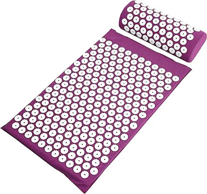 Acupressure Yoga Mat & Pillow Set for Back, Neck & Foot Pain Relief – Purple Massage Pad with Travel Bag.