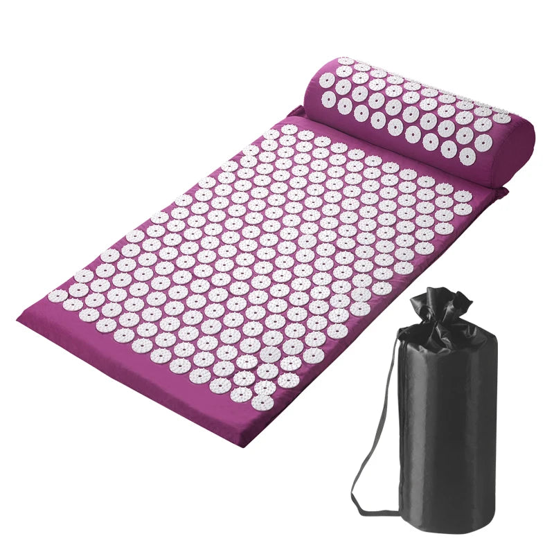 Acupressure Yoga Mat & Pillow Set for Back, Neck & Foot Pain Relief – Purple Massage Pad with Travel Bag.