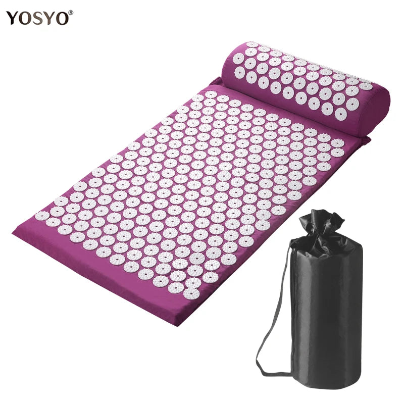 Acupressure Yoga Mat & Pillow Set for Back, Neck & Foot Pain Relief – Purple Massage Pad with Travel Bag.
