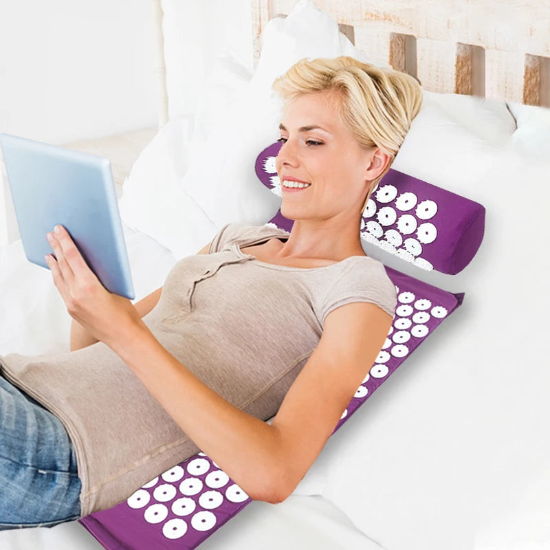 Acupressure Yoga Mat & Pillow Set for Back, Neck & Foot Pain Relief – Purple Massage Pad with Travel Bag.