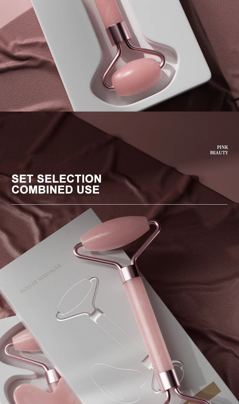Rose Quartz Face Roller & Gua Sha Set – Facial Massage Tool for Eyes, Neck & Skincare Lifting.