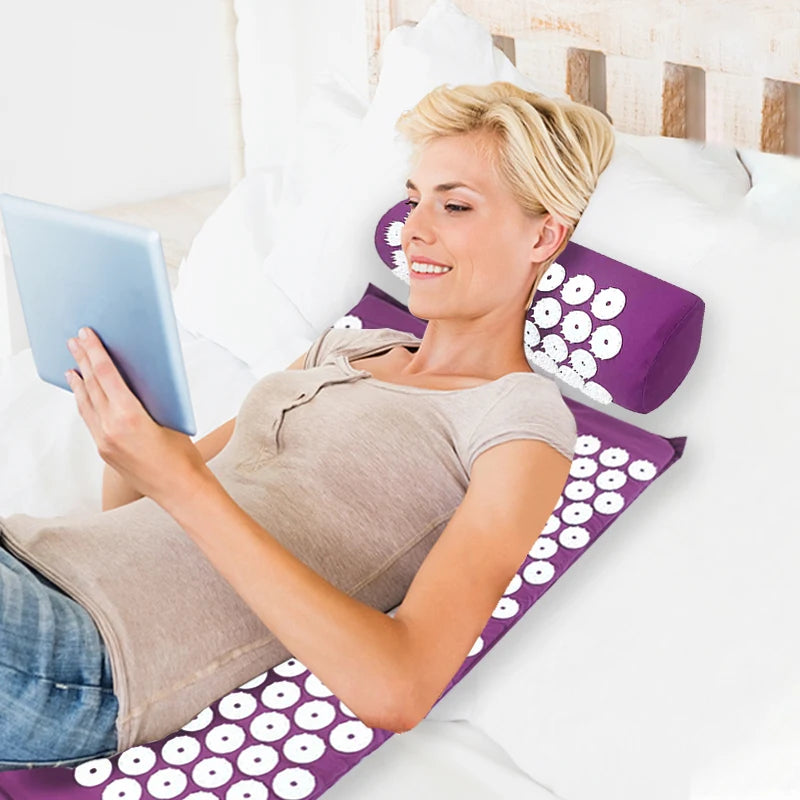 Acupressure Yoga Mat & Pillow Set for Back, Neck & Foot Pain Relief – Purple Massage Pad with Travel Bag.