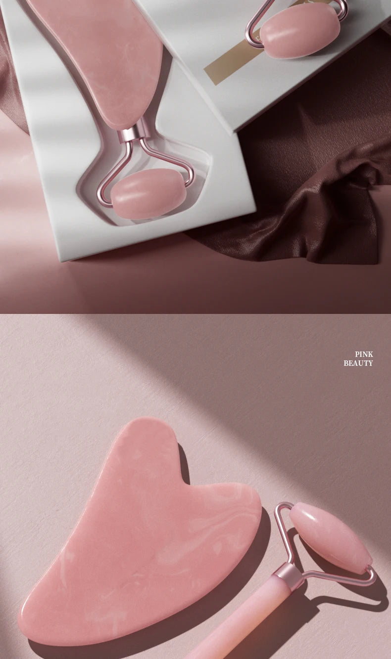 Rose Quartz Face Roller & Gua Sha Set – Facial Massage Tool for Eyes, Neck & Skincare Lifting.
