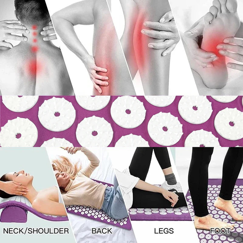 Acupressure Yoga Mat & Pillow Set for Back, Neck & Foot Pain Relief – Purple Massage Pad with Travel Bag.